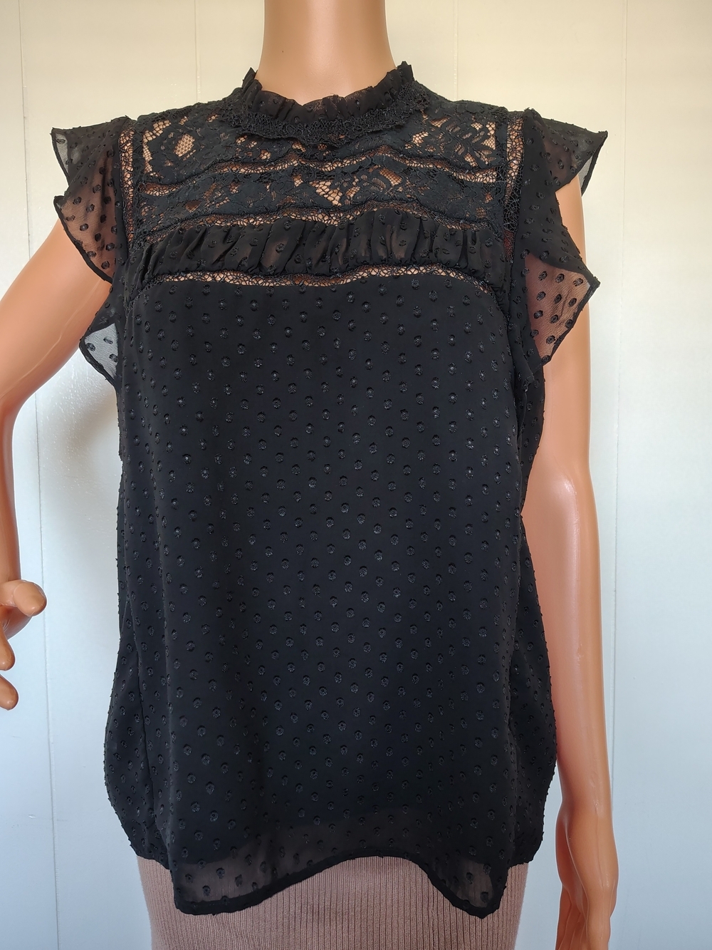 Heartloom Black Lace Yoke Swiss Dot Flutter Sleeve Blouse